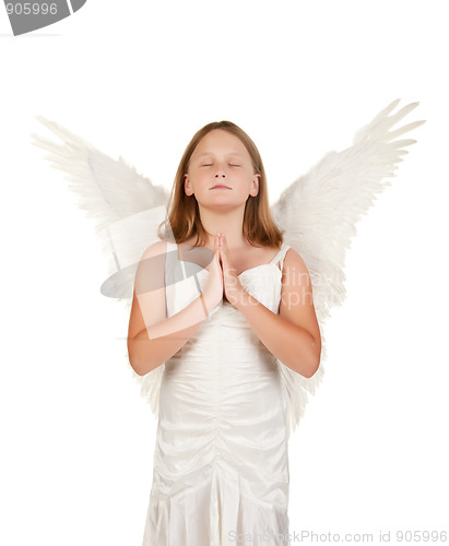 Image of young angel girl praying on white