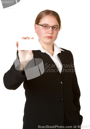 Image of young business woman holding card