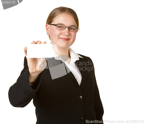 Image of young business woman holding card