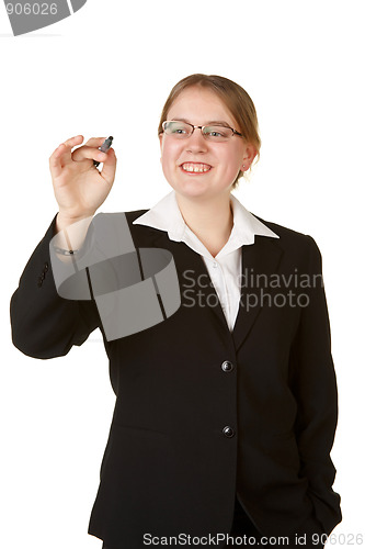 Image of young business woman with marker isolated on white