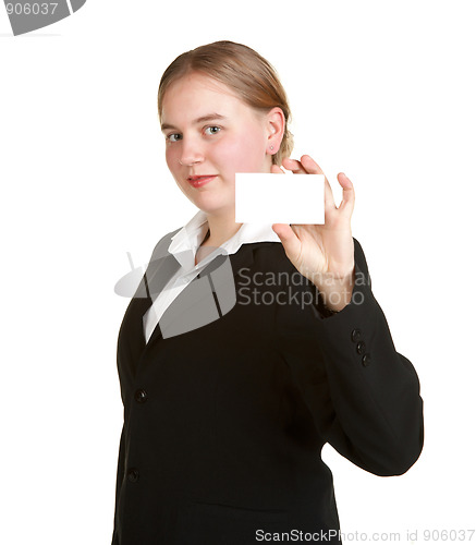 Image of young business woman holding card
