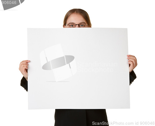 Image of young business woman isolated with sign card