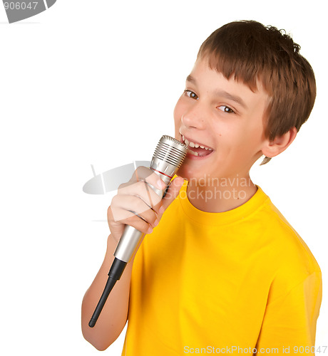 Image of boy singing into microphone isolated