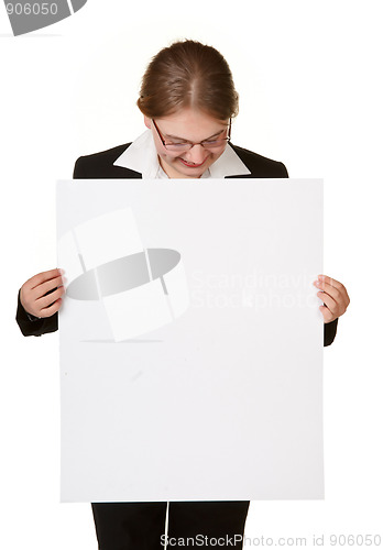 Image of young business woman isolated with sign card