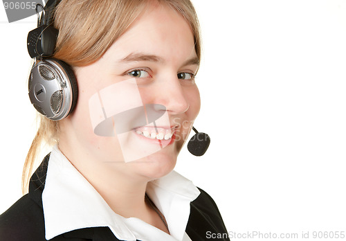 Image of young business woman with headset  isolated on white