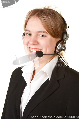 Image of young business woman with headset  isolated on white