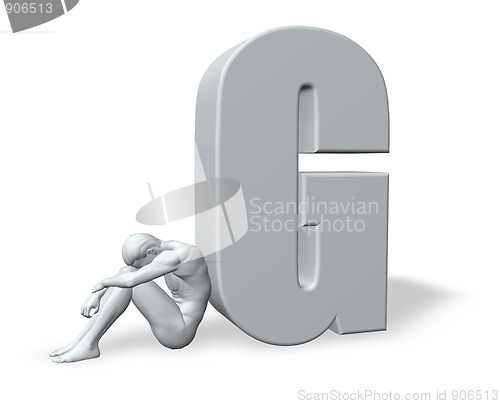 Image of sitting man leans on uppercase letter g