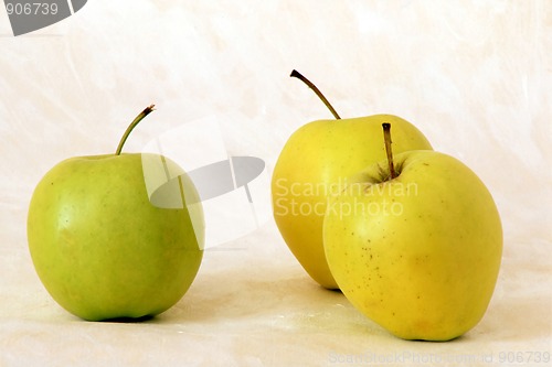 Image of Three yellow apples on painted background