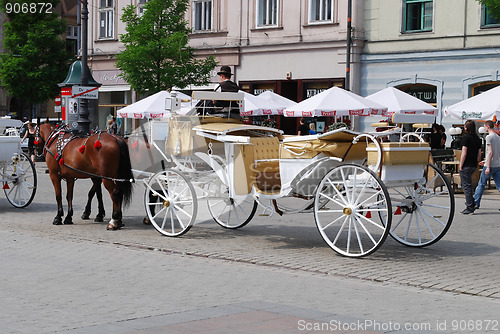 Image of Horse-drawn buggies trot around Krakow 