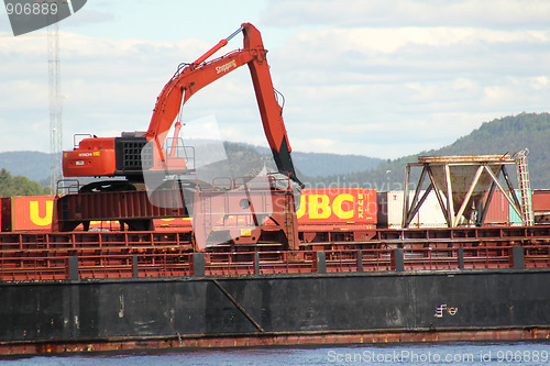 Image of Excavator on the ship.