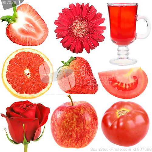 Image of Set of red fruits, vegetables and flowers