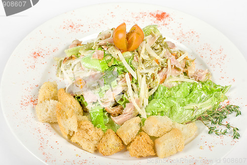 Image of salad of meat, vegetable and dried crust