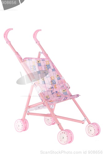 Image of pink doll pram with wheels