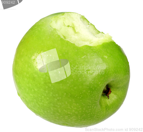 Image of Single a green apple with bite