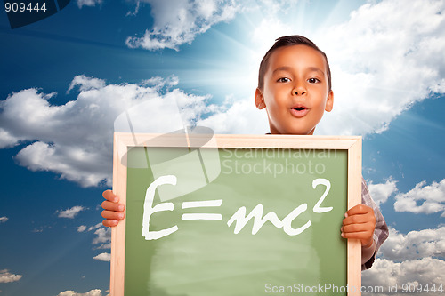 Image of Proud Hispanic Boy Holding Chalkboard with Theory of Relativity