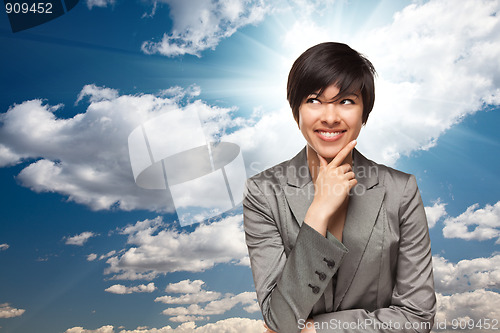 Image of Pretty Multiethnic Young Adult Woman Over Clouds