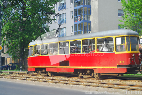 Image of Electrically powered bus in Warsaw, Poland