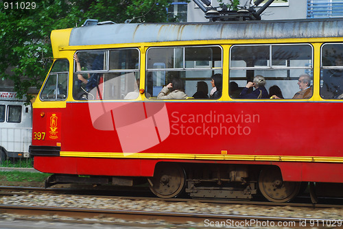 Image of Electrically powered bus in Warsaw, Poland