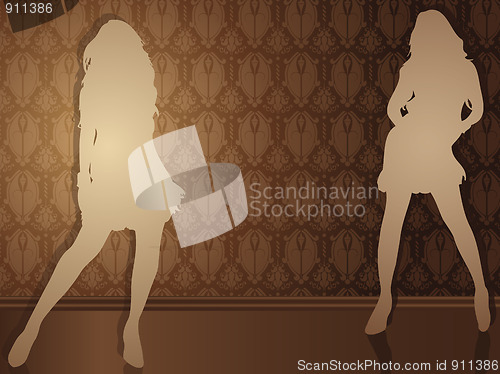 Image of Sexy girls against damask background.