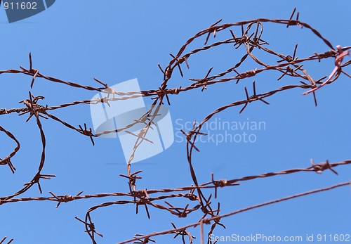 Image of Twisted strands of barbed wire on sky background