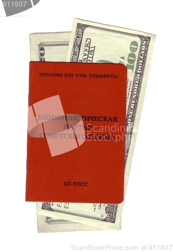 Image of Soviet communist party membership card with dollar bills isolated
