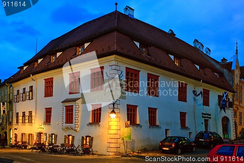 Image of Sighisoara by night - "Casa cu cerbi" (the house with deers)