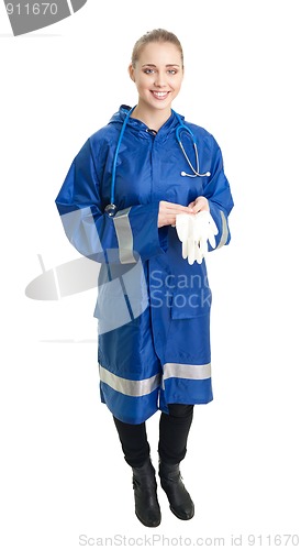 Image of doctor stand with surgical gloves