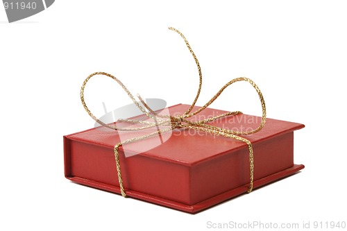 Image of red present box with golden shiny ribbon