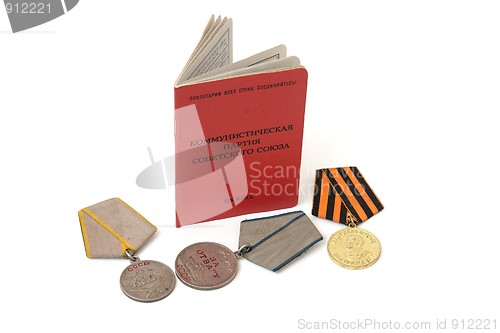 Image of Soviet communist party membership card  and medals