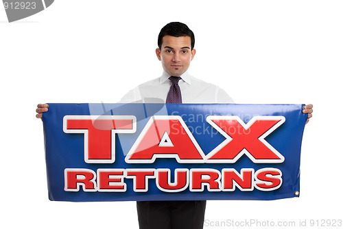 Image of Man holding tax returns sign