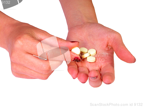 Image of Nurse's hands offering the pills-over white background