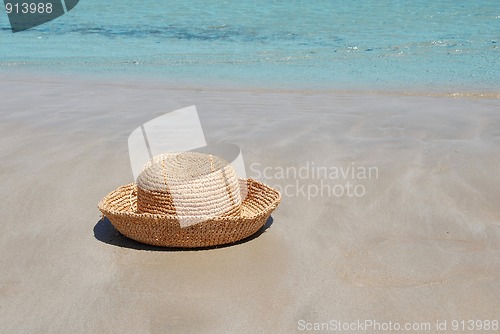 Image of Hat on sand by sea