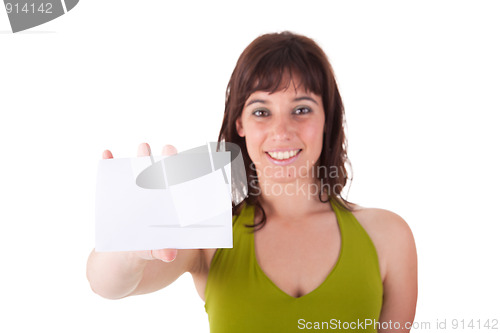 Image of beautiful woman person with blank business card in hand