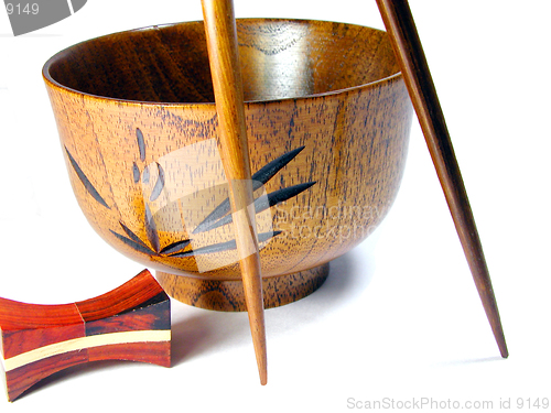 Image of  Wooden bowl and chopsticks suggestion-over white background