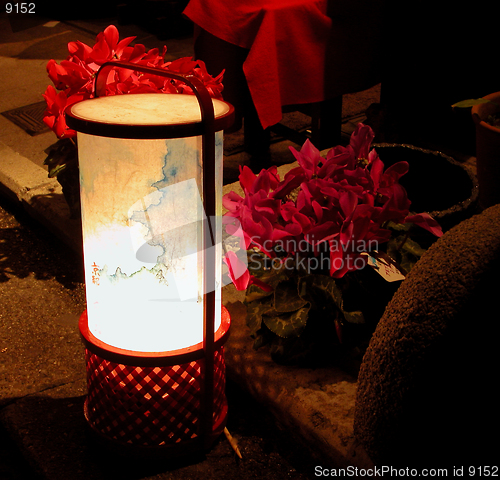 Image of  A traditional Japanese paper lantern and some flowers in the night