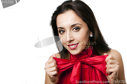 Image of Happy beautiful woman with bow-tie