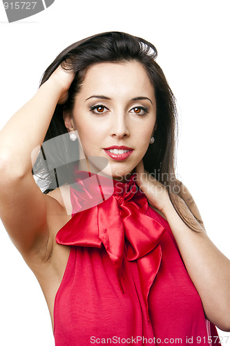 Image of Happy beautiful woman in red