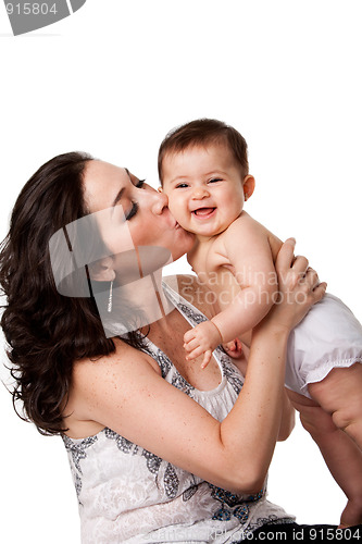 Image of Mother kissing happy baby on cheek