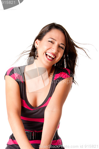 Image of Happy laughing young woman