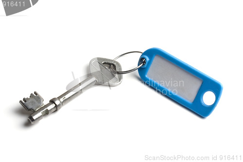 Image of Blank tag and old key isolated on white 