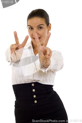 Image of woman making the victory sign