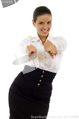 Image of woman pointing to you