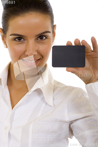 Image of woman showing card