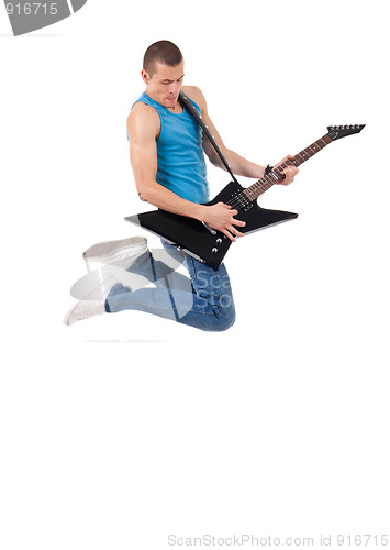 Image of passionate guitarist jumps