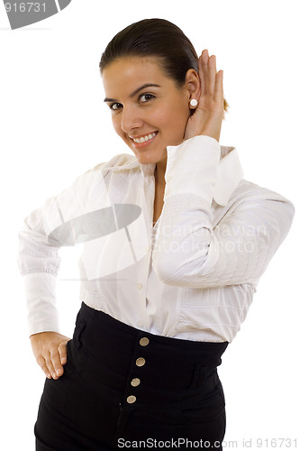 Image of woman with hand to ear