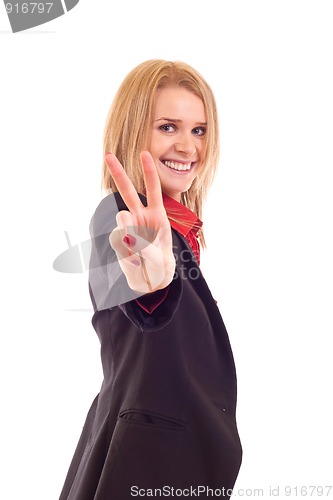 Image of  woman making the victory sign