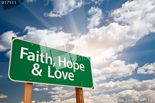 Image of Faith, Hope and Love Green Road Sign
