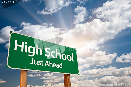 Image of High School Green Road Sign Over Clouds