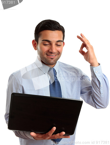 Image of Happy businessman laptop excellent