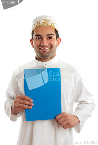 Image of Smiling arab man with brochure